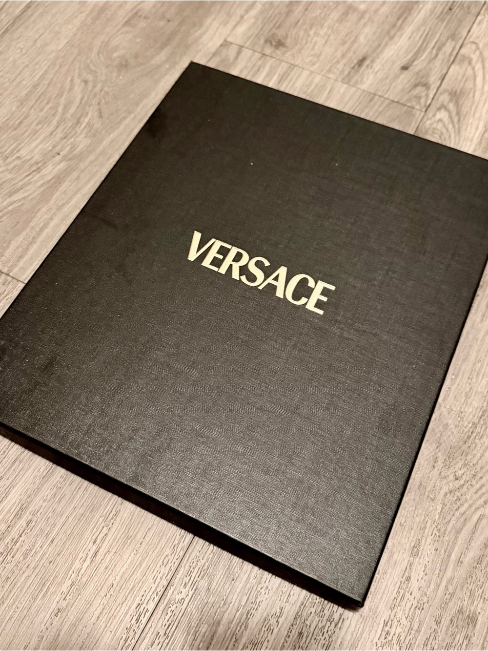 VERSACE Black goods gift accessory box with white tissue 12.10x10.10x1.40”